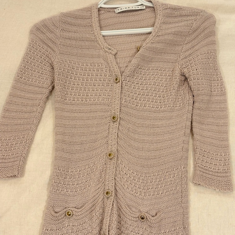 Trina Turk Light Beige Knit Cardigan 3/4 length sleeves Small